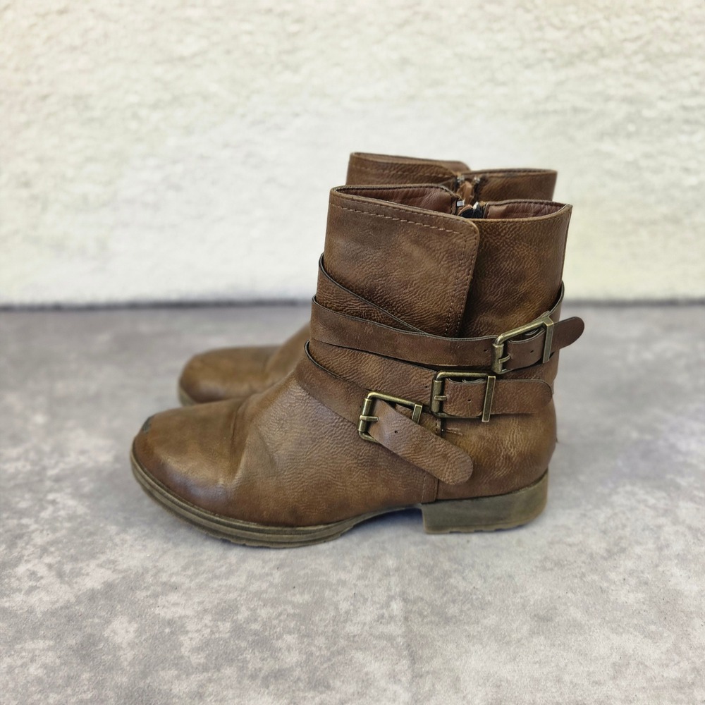 Madden Girl Vaida Brown Buckle Moto Ankle Boots Side Zip Lug Sole Size 7.5